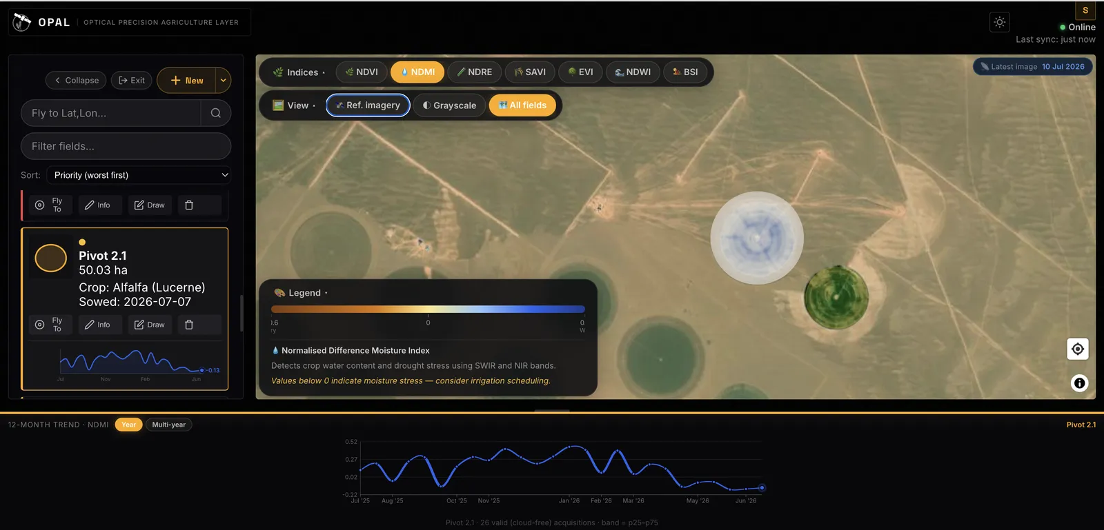 The OPAL map view: centre-pivot fields on satellite imagery with the moisture index (NDMI) applied to one field, a field list on the left and a 12-month NDMI trend below.